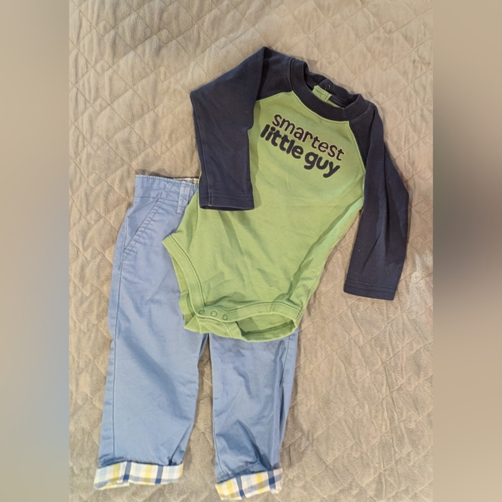 GAP 12-18M Plaid Baby Pants in Blue and Yellow And A Bodysuit